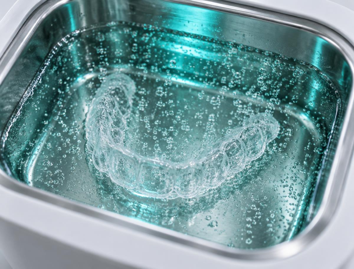 A clear retainer submerged in DentaSonic's stainless steel tank surrounded by ultrasonic bubbles