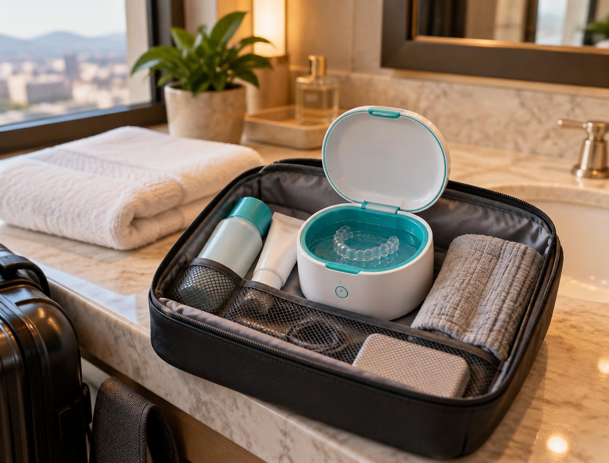 DentaSonic packed in a travel toiletry bag on a hotel bathroom counter